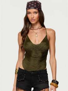 Womenacute;s Fringe Sparkly Crop Top Sequin Cowl Neck Fringed Halter Cami Tank Tops Y2k Disco Rave Club Outfits - Verde militar - Ver 1