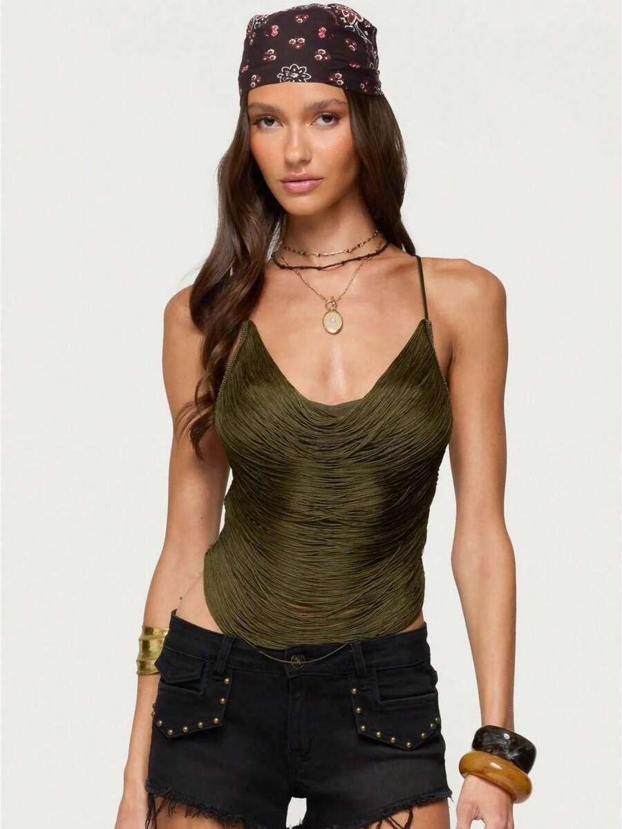 Womenacute;s Fringe Sparkly Crop Top Sequin Cowl Neck Fringed Halter Cami Tank Tops Y2k Disco Rave Club Outfits - Verde militar - Ver 1