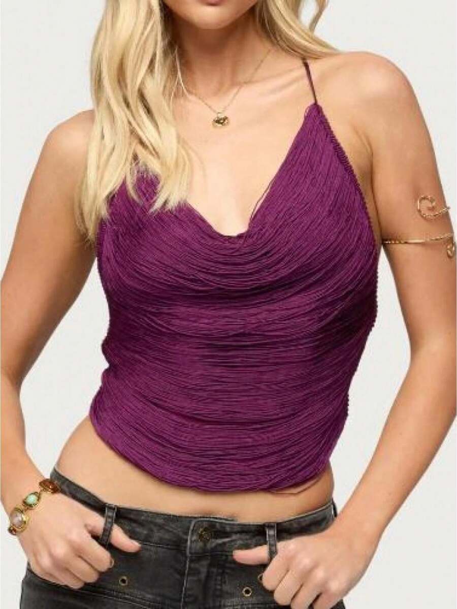 Womenacute;s Fringe Sparkly Crop Top Sequin Cowl Neck Fringed Halter Cami Tank Tops Y2k Disco Rave Club Outfits - Morado - Ver 1