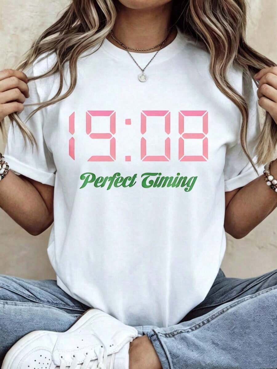 Women's T-Shirt With Perfect Timing Digital Clock Print, Perfect Timing Clock, Short Sleeve, Round Neck, Casual - 白色 - 查看 1