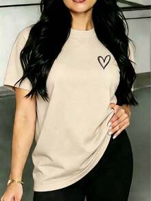 Women's Short-Sleeved T-Shirt With Round Neck And Heart Print, Versatile And Casual, Ideal For Everyday Wear. - 杏 - 查看 1