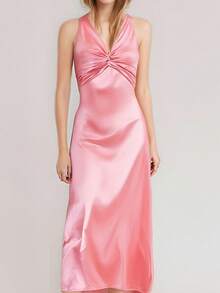 Elegant And Sexy Fitted V-Neck Pleated Maxi Dress, Spring 2026 Fashion, European Style For Modern Women - 粉色 - 查看 5