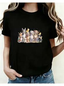 Camiseta Deportiva Casual para Mujer con Ilustración de Perros de Dibujos Animados Coloridos - Camiseta Negra Elástica de Cuello Redondo, Lavable aáquina, Ajuste Cómodo y Perfecta para Todas las Estaciones, para Uso Diario y Actividades Informales. - Negro - Ver 6