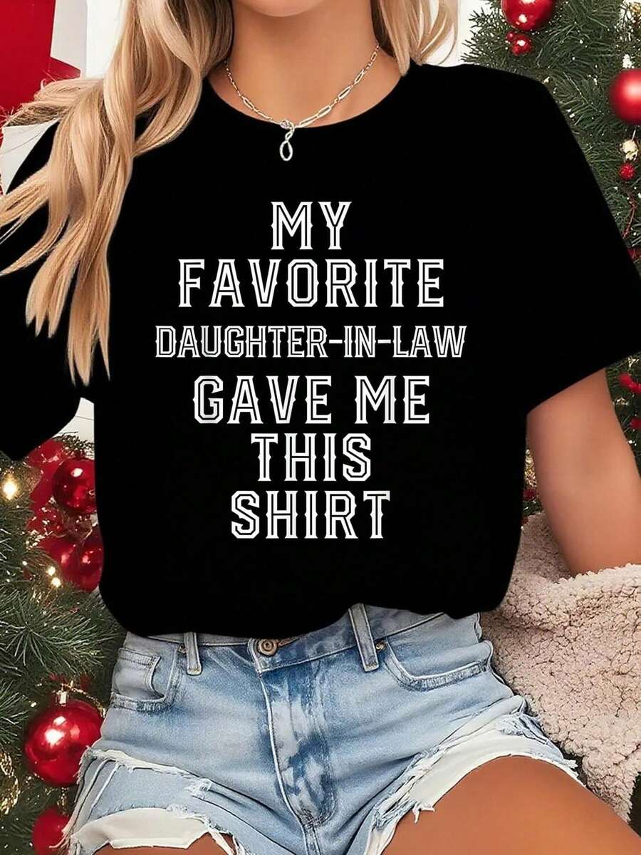 Camiseta Deportiva Casual para Mujer en Negro con Texto MI YERNA FAVORITA - Camiseta Elástica de Cuello Redondo, Lavable aáquina, Ajuste Cómodo y Perfecta para Todas las Estaciones, para Ropa Casual y Regalos Especiales. - Negro - Ver 1
