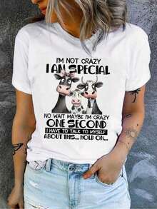 Camiseta Suave para Mujer con Lindo Estampado de Vaca de Dibujos Animados - "¡No estoy loca, soy especial! ""Esta divertida camiseta casual estampada es suave y cómoda, perfecta para un atuendo informal. Disfruta de la comodidad, y es adecuada para Pascua, Halloween, el Día de Acción de Gracias, etc., blusa casual mujer, blusas para mujer, playeras de mujer algodón." - Blanco - Ver 1