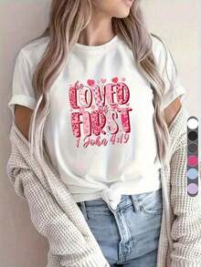 Women's 2026Y2K Style Sports T-Shirt, Casual Short Sleeve | Christian Design For Valentine's Day, Love Bible Verse, Heart Print, Comfortable All-Season Clothing | Relaxed Fit | Everyday Wear - 白色 - 查看 7