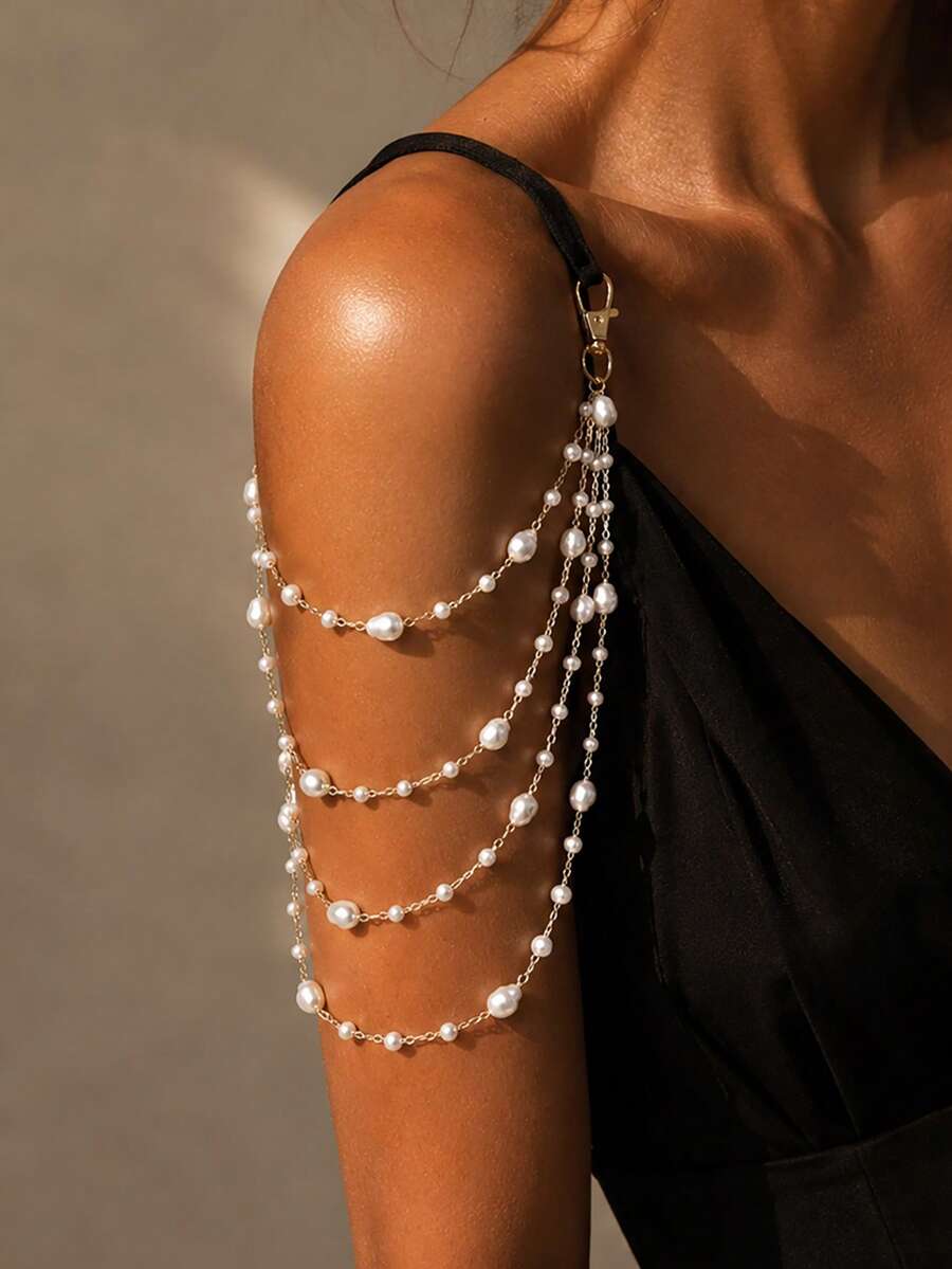 1pc Multi-Layer Pearl Shoulder Chain, European And American Fashion Evening Party Dress, Lingerie Accessory, Vintage Bridal Wedding Accessory Body Chain - Pearl - View 1