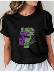 Camiseta Deportiva Casual para Mujer con Diseño Abstracto de Baloncesto - Camiseta Negra de Manga Corta, Elástica y de Cuello Redondo, Lavable aáquina, Ajuste Cómodo para Todas las Estaciones, para el Uso Diario y Amantes del Deporte. - Negro - Ver 1