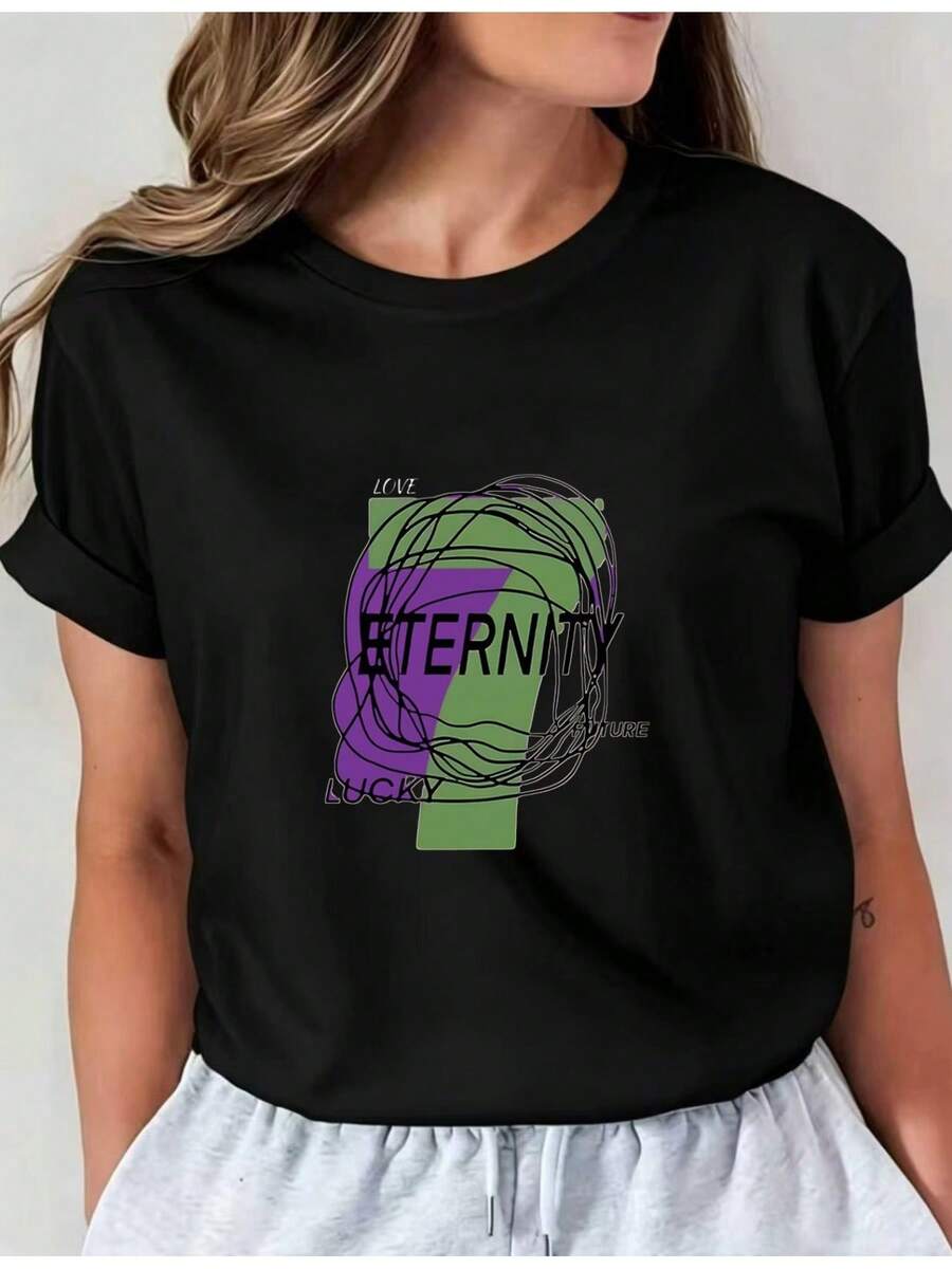 Camiseta Deportiva Casual para Mujer con Diseño Abstracto de Baloncesto - Camiseta Negra de Manga Corta, Elástica y de Cuello Redondo, Lavable aáquina, Ajuste Cómodo para Todas las Estaciones, para el Uso Diario y Amantes del Deporte. - Negro - Ver 1