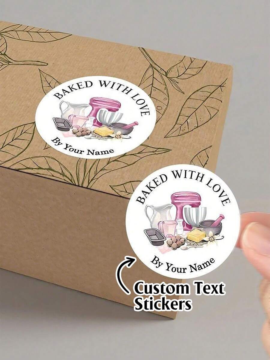 Customizable "Bake With Love" Round Stickers - Customizable Text. Featuring Baking Tool Design, Perfect For Homemade Baked Goods, Handmade Gifts, Kitchen Decor And More. - Multicolor 01 - View 1