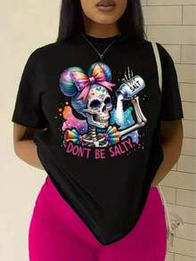 Casual T-Shirt With Colorful Skull Print And The Phrase 'Don't Get Angry', T-Shirt For Daily Use, Holidays And Sports, Women's Clothing - 黑色 - 查看 7
