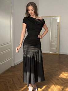Vestido de verano elegante de mujer con cuello asimétrico, parches de encaje, volantes y dobladillo de cola de pez ajustado - Negro - Ver 6