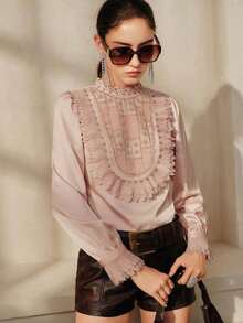 Blusa de mujer de manga larga con cuello de pie elegante y de moda, decoración floral con cuentas, doble capa con volantes y encaje, adecuada para primavera a verano, Día de San Valentín - Negro - Ver 6