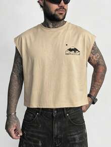 Áo tank top nam FRACTYR mùa hè phong cách đường phố thường ngày, họa tiết Ukiyo-E núi và hoa anh đào, áo tank top cổ tròn dáng rộng in hình retro Nhật Bản, áo tập thể dục. - Màu be - Xem 6