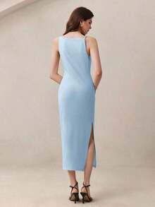 xheBizChic Vestido de tirantes finos con cintura fruncida y abertura lateral en color crema amarillento, moderno y elegante para uso urbano y diario, con estilo romántico retro de los 90. Adecuado para Navidad, Año Nuevo, San Valentín, fiestas, playa, graduación, moda, festivales, vacaciones, invitados de boda, anfitriona, citas, fiestas, conciertos, brunch, aeropuertoxhe - Celeste - Ver 6