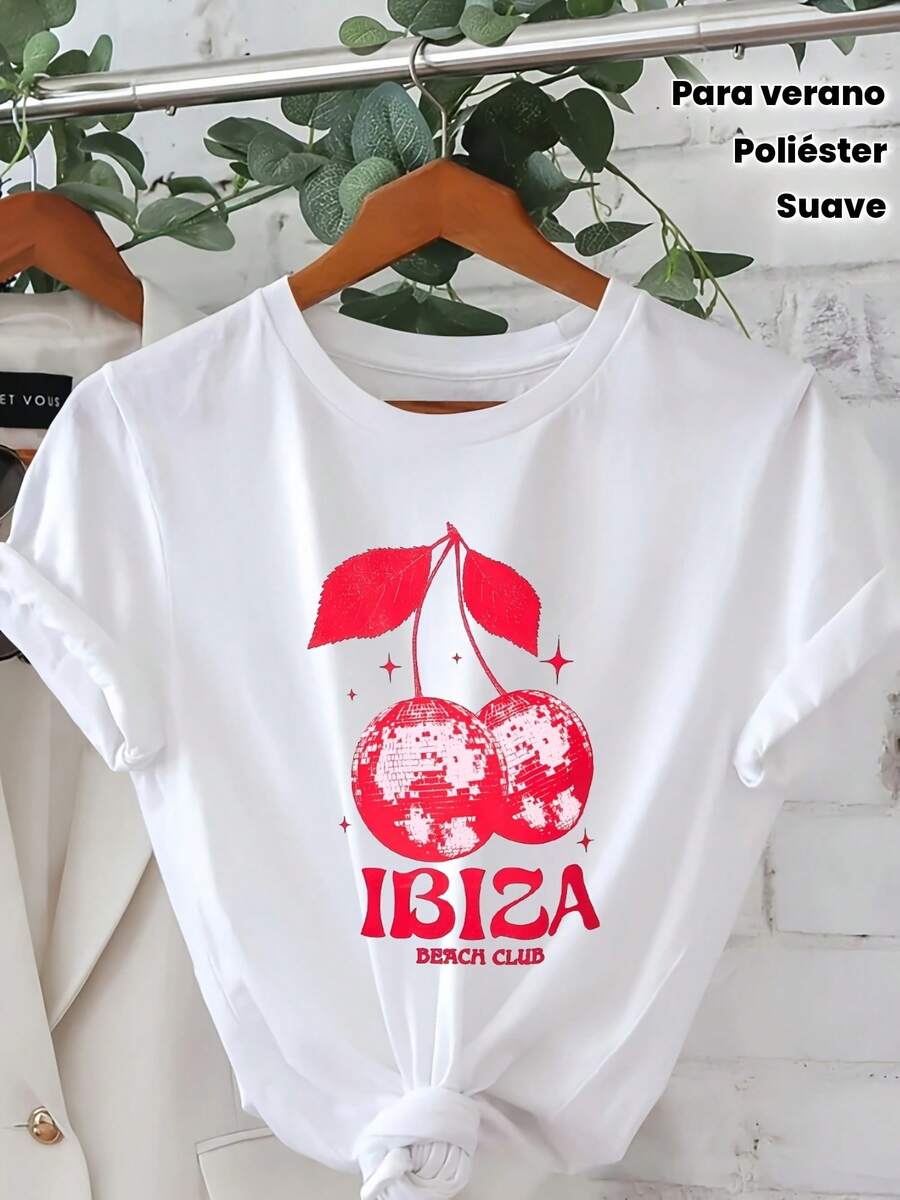 Limited Time Offer, Limited Quantities, Flash ! Women's Casual Shirts, Women's Polyester T-Shirts, Stylish Shirts. Ibiza Cherry Graphic Print Short Sleeve T-Shirt, Women's Casual Crew Neck, Vibrant Red Cherry Design With "IBIZA" Text, Soft Polyester Fabric For Summer And Spring, Fashionable Clothing | Playful Design | Comfortable Clothing - 白色 - 查看 1