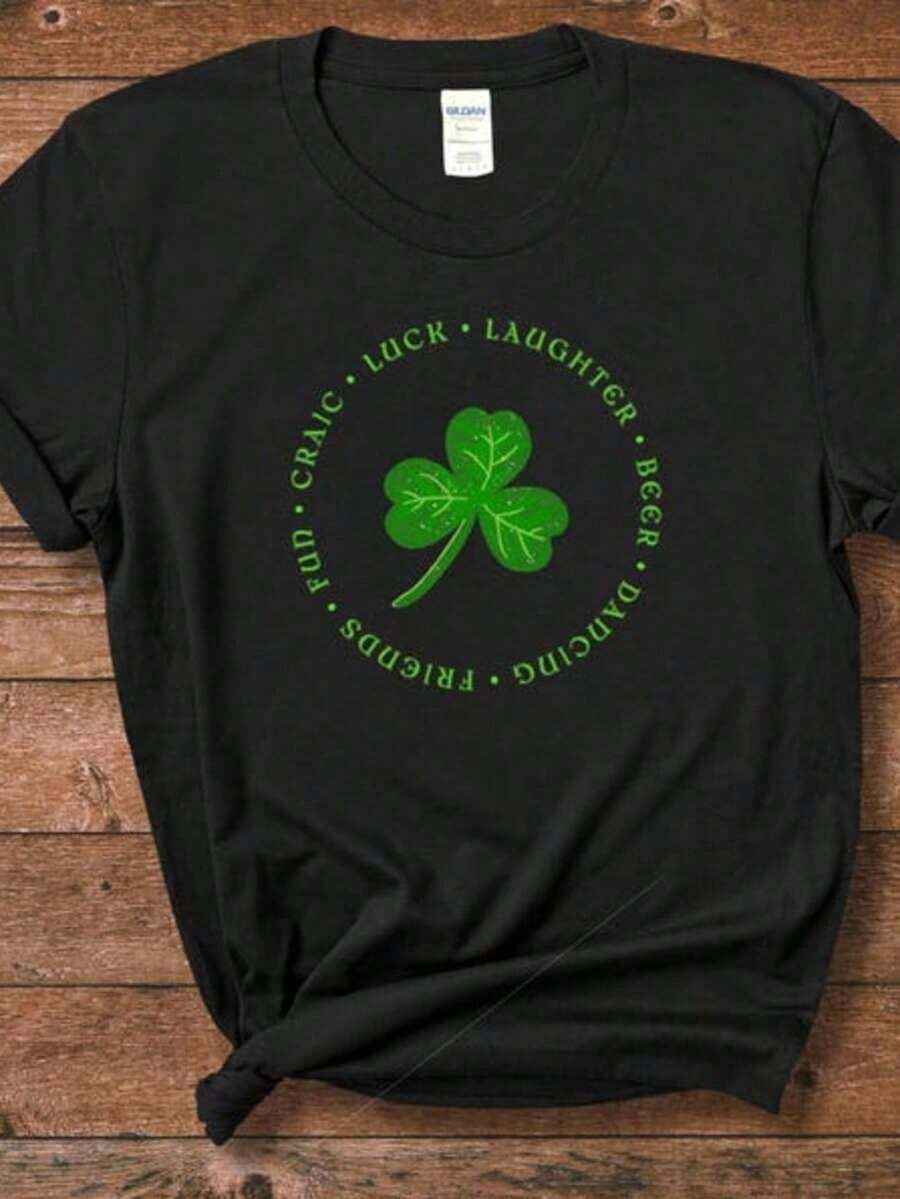 Good Luck T-Shirt, St. Patrick's Day T-Shirt, Green T-Shirt With Irish Shamrock, Irish Lucky T-Shirt, Breathable And Comfortable. - 黑色 4 - 查看 1