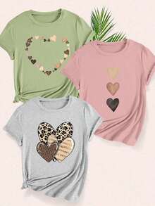 Camiseta de manga corta con cuello redondo de estampado multicolor de corazones y leopardo, apta para uso diario, exterior y casual, para las 4 estaciones - Multicolor 2 - Ver 5