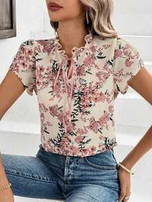 Blusa femenina fresca con estampado floral, dobladillo con volantes y frontal con lazo - Rosa - Ver 7