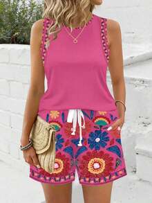 Conjunto de 2 piezas de moda vintage casual con estampado floral para mujer, cómodo patrón de flores adecuado para el ocio y las vacaciones - Multicolor - Ver 1