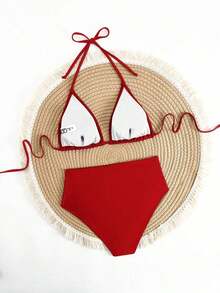Conjunto de bikini de triángulo con taza sólida y ajustable de cintura alta sexy, para vacaciones de verano en la playa, color negro - Rojo - Ver 2