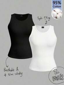 2 piezas de camiseta de tirantes de mujer de ajuste ceñido con estampado minimalista de letras de California en negro y blanco - 95% algodón, para primavera y verano, uso en todas las estaciones, vuelta al colegio, ropa de casa y deporte, estilo re - Blanco y Negro 4 - Ver 2