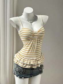 Camiseta ajustada con pliegues en el busto a rayas rosas para el verano - Amarillo - Ver 3
