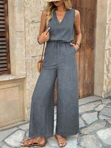 Mono de mujer sin mangas, con cuello en V, de tela texturizada, tipo body con bolsillos, estilo vacacional - Gris - Ver 1