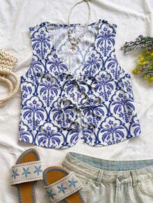 Camiseta de tirantes con estampado floral monocromático atada al frente para vacaciones de mujer - Azul y blanco - Ver 3