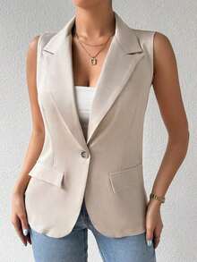 informal sin mangas con cuello francés y botones de unicolor para mujer de talla grande - Caqui - Ver 6