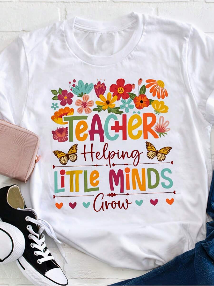 Los maestros ayudan a que las mentes jóvenes crezcan. Camiseta casual para mujer con estampado digital creativo, cuello redondo, manga corta, lavable a máquina, sencilla y versátil, transpirable, de corte casual para primavera y verano (temática de viajes y vacaciones). - Blanco - Ver 1