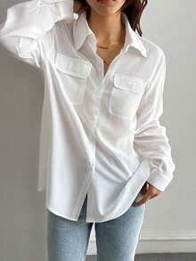 Camisa de mujer de manga larga de unicolor casual, para primavera y otoño, blusas de manga larga estilo Y2K, ropa de mujer de otoño - Blanco 3 - Ver 4