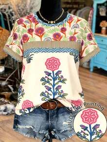 Camiseta de mujer de manga corta con cuello redondo, estampado de rayas arcoíris, estilo casual de vacaciones de verano - Multicolor 9 - Ver 1