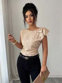 Blusa con lazo plisado de satén sólido, elegante, con lunares en color albaricoque y dorado, Camisa de lunares burdeos y dorado, Blusa con lazo de lunares burdeos, Blusa formal, Camisa de lunares albaricoque y dorado, Blusa de verano elegante con - Albaricoque - Ver 5