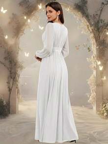 Vestido de dama de honor formal de gasa de manga larga hasta el suelo con corte evasé, color borgoña elegante, vestido de invitada de boda, mangas sin forro, primavera - Blanco - Ver 2
