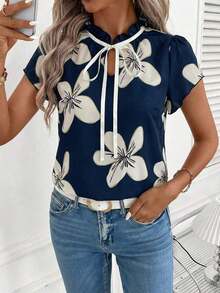 Camisa de mujer de manga corta, con lazo, volantes, a cuadros, elegante y casual para vacaciones y picnic, primavera/verano - Azul marino 2 - Ver 4