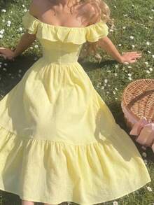 Women's A-Line Chiffon Maxi Dress With Ruffles And Off-The-Shoulder Design, Daffodil Yellow, Perfect For Summer. - Yellow - View 1