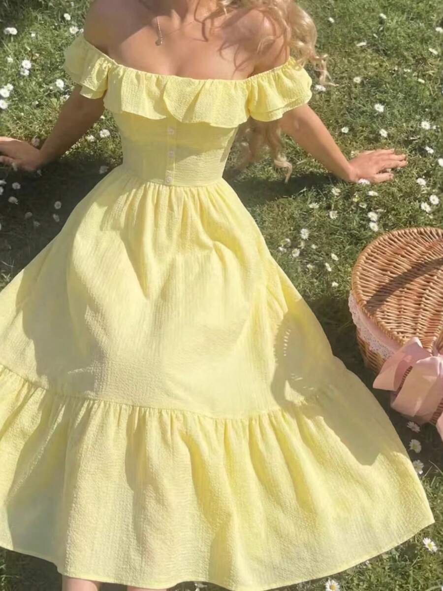 Women's A-Line Chiffon Maxi Dress With Ruffles And Off-The-Shoulder Design, Daffodil Yellow, Perfect For Summer. - Yellow - View 1