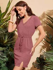 Vestido casual con cintura de cordón y bajo con abertura - Rosa vieja - Ver 3