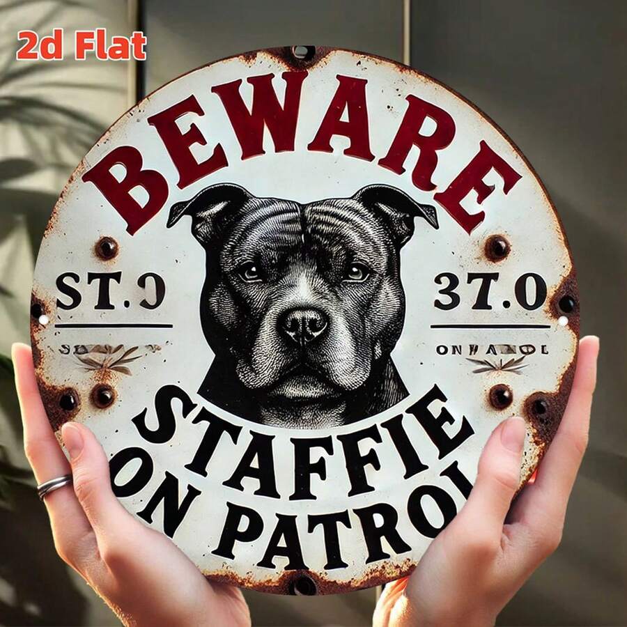 1个2D平面“小心:巡逻的斯塔福犬”——耐用铁艺墙饰牌,图案为一只具有攻击性的狗,适用于家庭、仓库、工厂或私人场所的安全装饰,尺寸:19.79 x 19.79厘米,预钻孔位置见尺寸表 - 多色 - 查看 1