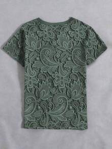 Camiseta de mujer de manga corta con cuello redondo y estampado floral, cómoda y casual para uso diario - Verde militar - Ver 2