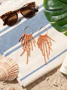 1 Pair Boho Style Long Leather Braided Earrings, Gold Rivet Tassel Earrings, Personalized Vacation Earrings - Orange - View 3