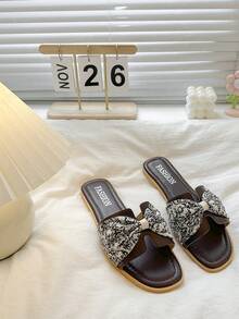Women's Flat Sandals With Bow Design, Beach Summer Slippers For Outdoor Weekend Vacation - Brown - View 2