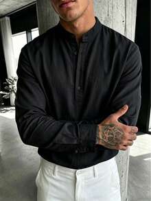 glestore Áo sơ mi nam phong cách Old Money cổ điển, màu trơn, tay xắn, cổ đứng, nửa cúc - Áo Henley nhẹ, thoáng khí, 100% cotton nguyên chất, mặc quanh năm, phong cách thường ngày, đồ nam mùa hè - màu đen - Xem 4