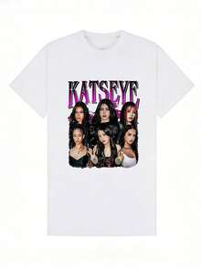 Camiseta de verano para niño 2026, informal, suave, de cuello redondo y manga corta, con estampado gráfico de retrato de grupo KATSEYE, adecuada para uso casual y diario. Negro. - Blanco - Ver 2