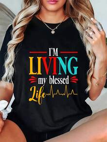 Camiseta de fe cristiana para mujer "Estoy viviendo una vida feliz" - Líneas de corazón coloridas y diseño de corazón, top casual de manga corta con cuello redondo, adecuado para uso en la iglesia, cómodo para todas las estaciones (lavable a máquina) - Ropa de Jesús. Top cómodo y versátil de manga corta. - Negro - Ver 1