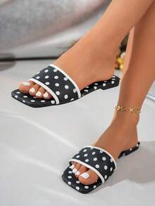 Women's Flat Sandals With Rhinestones, Black Rhinestone Sandals, Leopard Print Sandals, Full Rhinestone Beach Slippers For Party, Birthday, Wedding, Mother's Day, Easter, Spring/Summer Rhinestone Sandals, Sexy Wedding Shoes - Polka Dot Black - View 5