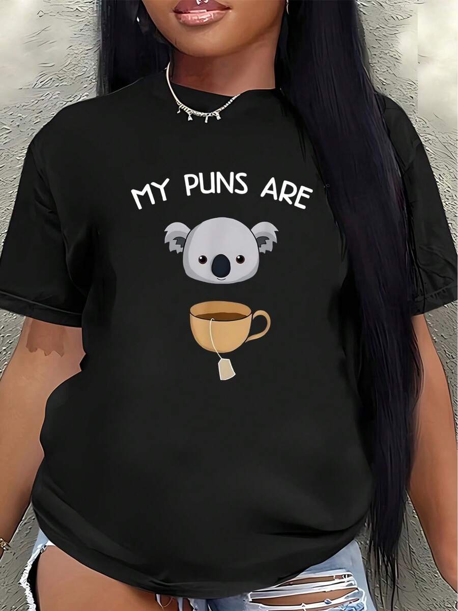 Short-Sleeved Polyester T-Shirt With A Fun Koala And Coffee Cup Design, Lightweight And Durable, Suitable For Casual Wear At Home, In Cafes Or Offices, A Fun T-Shirt For Adults. Women's Blouses > Clothing - 黑色 - 查看 1