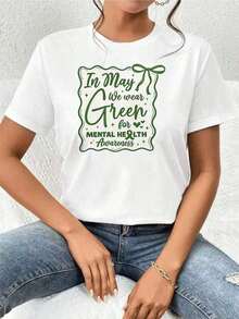 100% Cotton. Women's Green T-Shirt With Mental Health Awareness, Premium Cotton, Comfortable Fit, Urban Hip Hop Style, Comfortable, Artistic Print. 100% Cotton. Simple Solid Color Women's T-Shirt, Loose And Fitted Cut, Casual Short Sleeve. - 白色的 - 查看 6