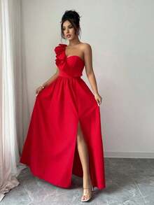 Vestido de estilo europeo y americano de última moda para mujer, sin mangas, con cuello en V, dobladillo con volantes y abertura - Rojo - Ver 5
